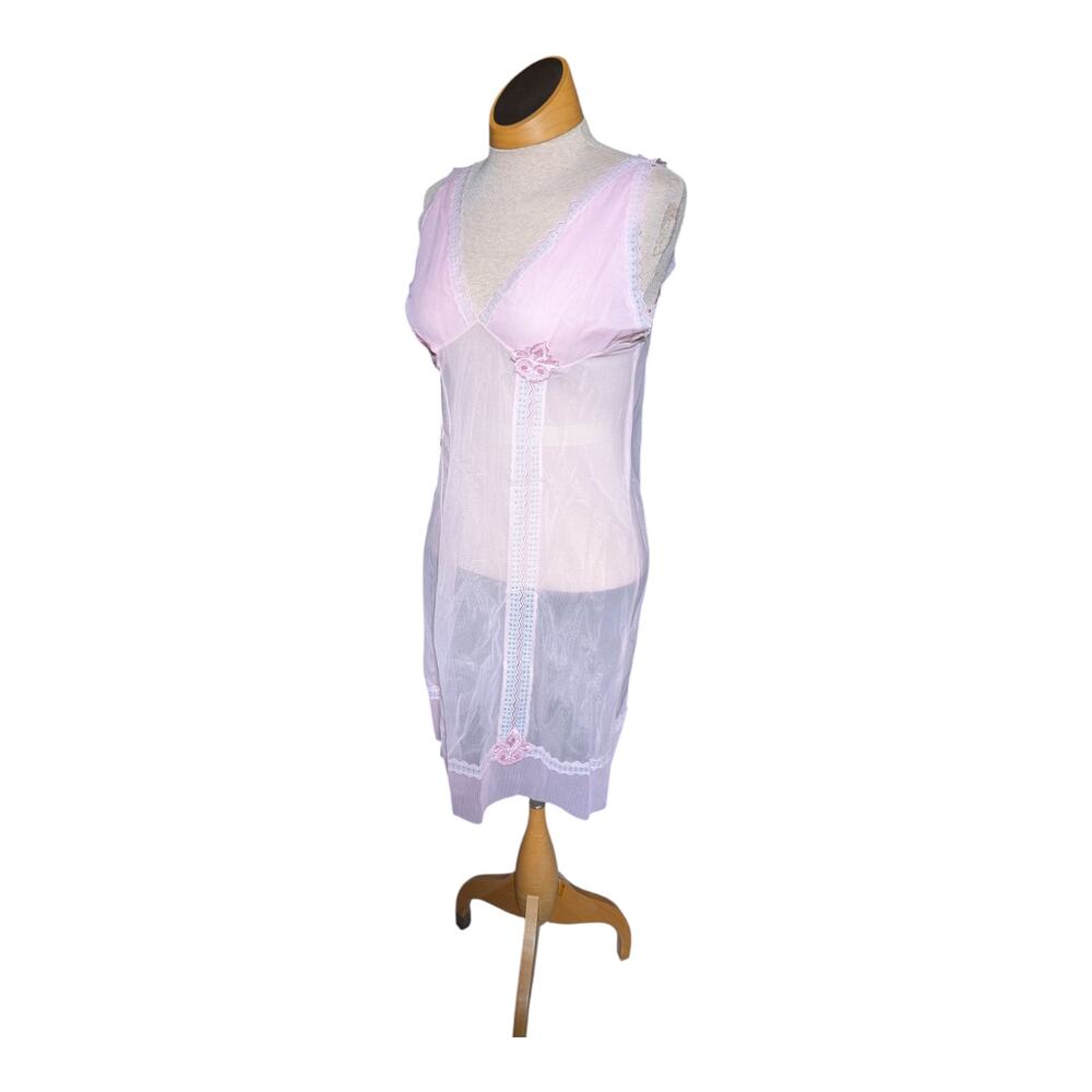 Vtg 1970s Blush Pink Sheer Floral Applique Pintuck V-Neck Mini Slip Dress Sz S M